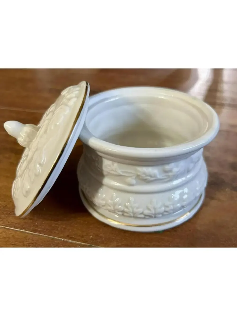 Vintage White Ceramic Decorative Covered Jar with Gold Trim